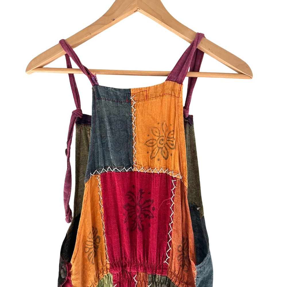 Rising International Boho Hippie Quilt Cross Stitch Block Print Pattern Overalls - Picture 8 of 16